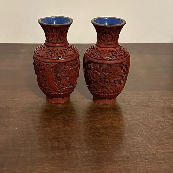 Chinese Cinnabar Pair Of Flower Landscape Vase - Picture 6 of 7